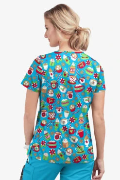 Butter-Soft X-Mas Coco Turquoise Women's 1-Pocket V-Neck Tuck-In Print Scrub Top -Clinic Love Style TS452XMTQ 3