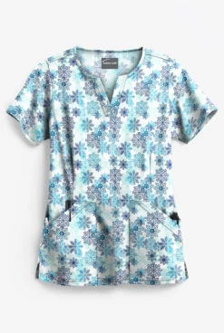 Butter-Soft Falling Snowflakes Aqua Moon Women's 4-Pocket Notch Neck Print Scrub Top