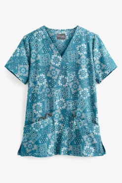 UA Butter-Soft STRETCH Bandana Paisley Harbor Blue Women's 2-Pocket V-Neck Print Scrub Top