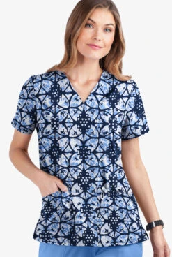 UA Butter-Soft STRETCH Desert Rose Navy Women's 2-Pocket V-Neck Print Scrub Top