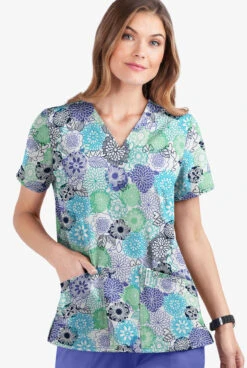 UA Butter-Soft STRETCH Danish Floral White Printed Women's 2-Pocket V-Neck Scrub Top