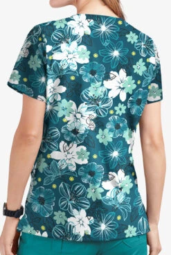 UA Butter-Soft STRETCH Floral Mirage Caribbean Blue Women's 2-Pocket V-Neck Printed Scrub Top -Clinic Love Style TS542FMCB 3