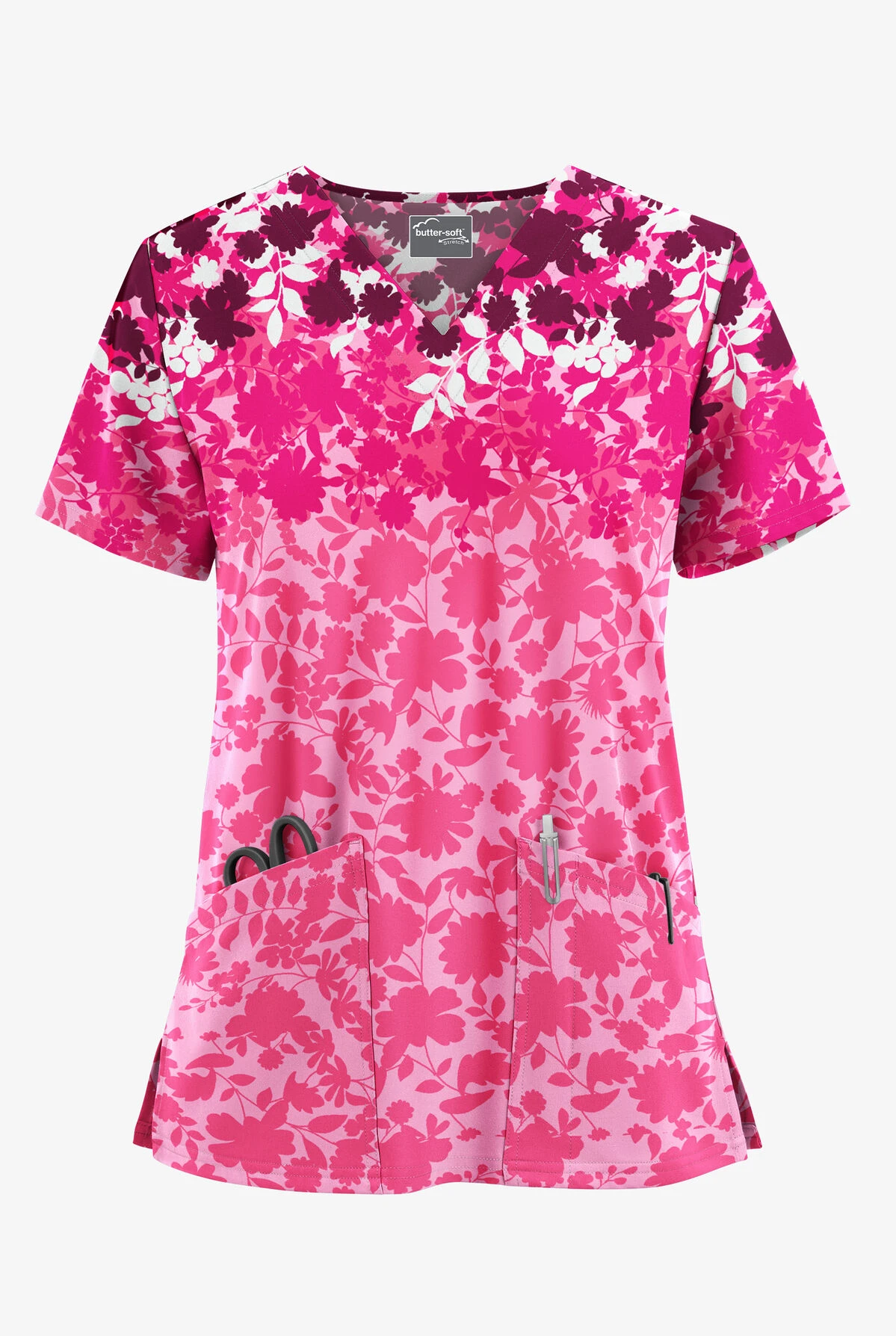 UA Butter-Soft STRETCH Floral Shadows Sweet Rose Women's 2-Pocket V-Neck Scrub Top 1 UA Butter-Soft STRETCH Floral Shadows Sweet Rose Women's 2-Pocket V-Neck Scrub Top