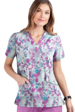 UA Butter-Soft STRETCH Mystic Floral Aqua Moon Women's 2-Pocket V-Neck Print Scrub Top