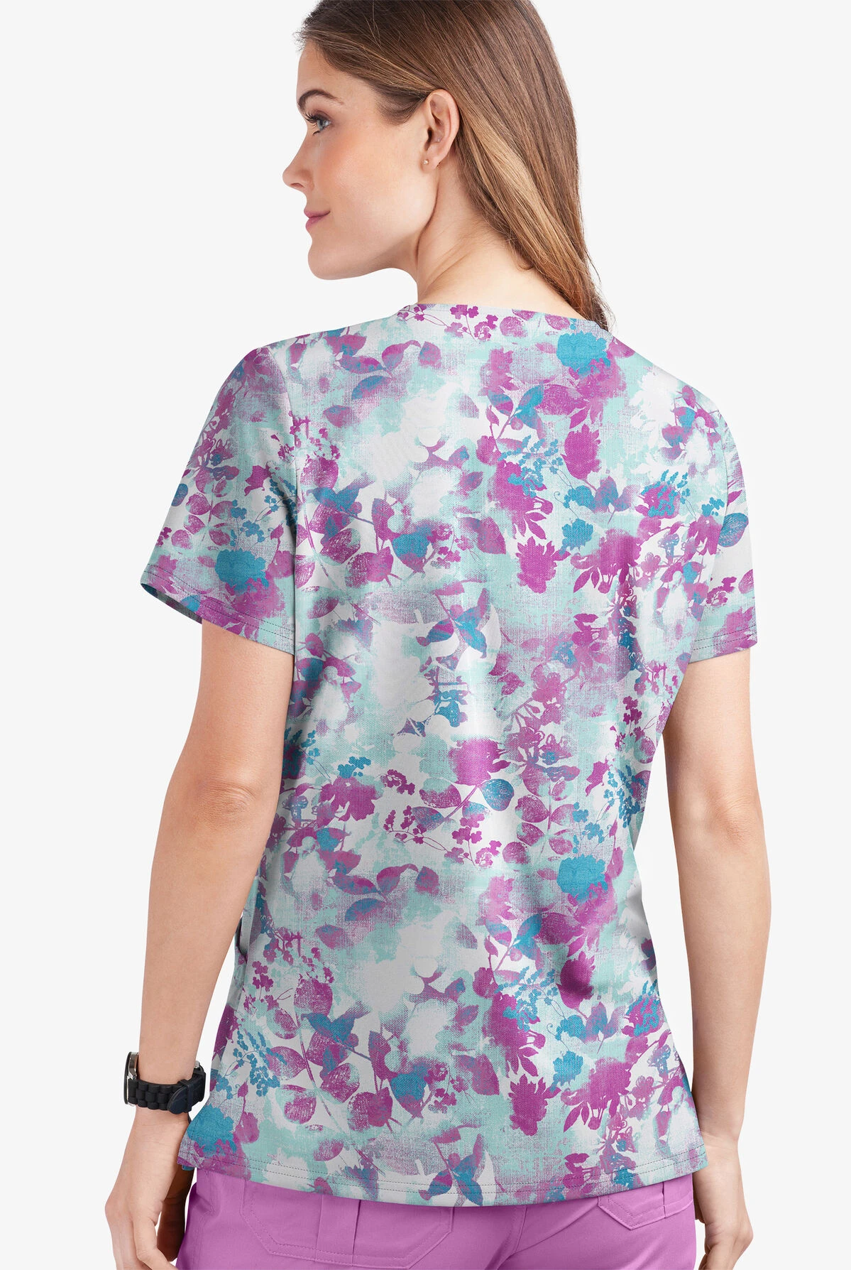 UA Butter-Soft STRETCH Mystic Floral Aqua Moon Women's 2-Pocket V-Neck Print Scrub Top 2 UA Butter-Soft STRETCH Mystic Floral Aqua Moon Women's 2-Pocket V-Neck Print Scrub Top - Image 2