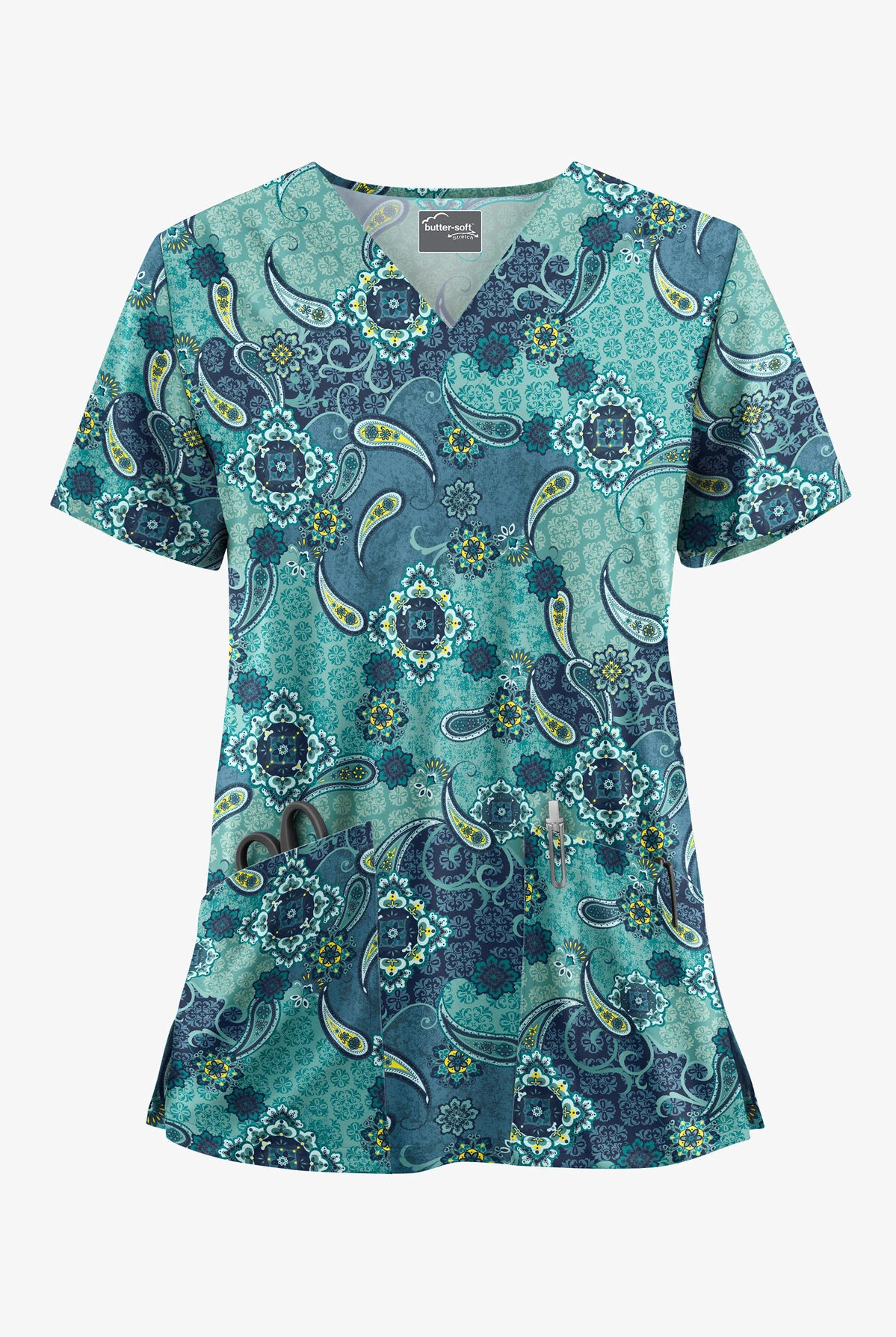 UA Butter-Soft STRETCH Mixed Medallion Navy Women's 2-Pocket V-Neck Print Scrub Top 1 UA Butter-Soft STRETCH Mixed Medallion Navy Women's 2-Pocket V-Neck Print Scrub Top