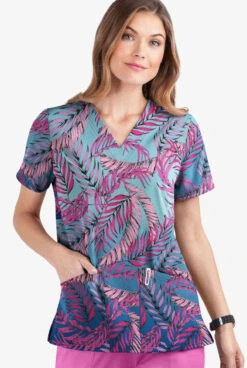 UA Butter-Soft STRETCH Palm Fronds Rosebud Women's 2-Pocket V-Neck Print Scrub Top