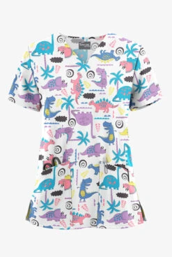UA Butter-Soft STRETCH Stompin' Dino Orchid Women's 2-Pocket V-Neck Printed Scrub Top