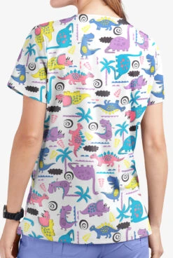 UA Butter-Soft STRETCH Stompin' Dino Orchid Women's 2-Pocket V-Neck Printed Scrub Top -Clinic Love Style TS542SDOR 3