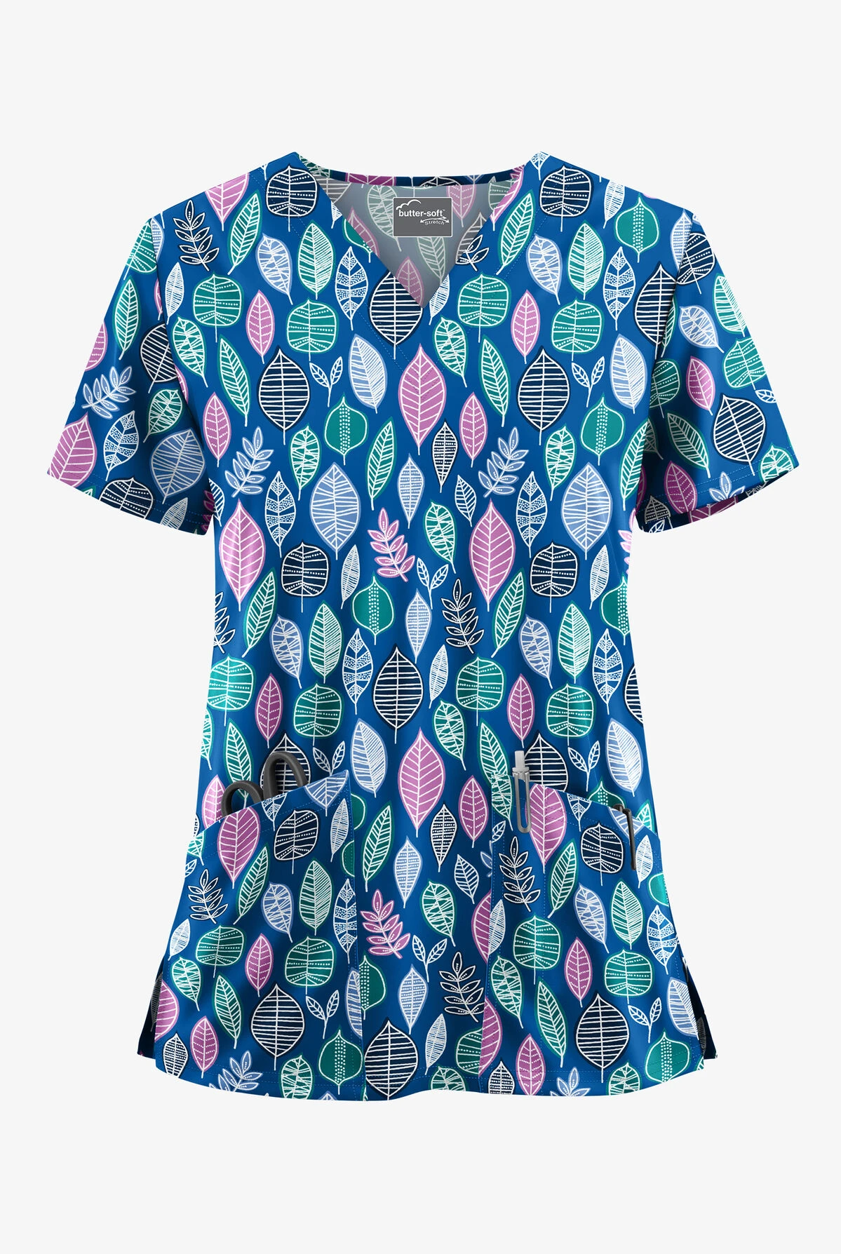 UA Butter-Soft STRETCH Swedish Leaves Royal Women's 2-Pocket V-Neck Print Scrub Top 1 UA Butter-Soft STRETCH Swedish Leaves Royal Women's 2-Pocket V-Neck Print Scrub Top