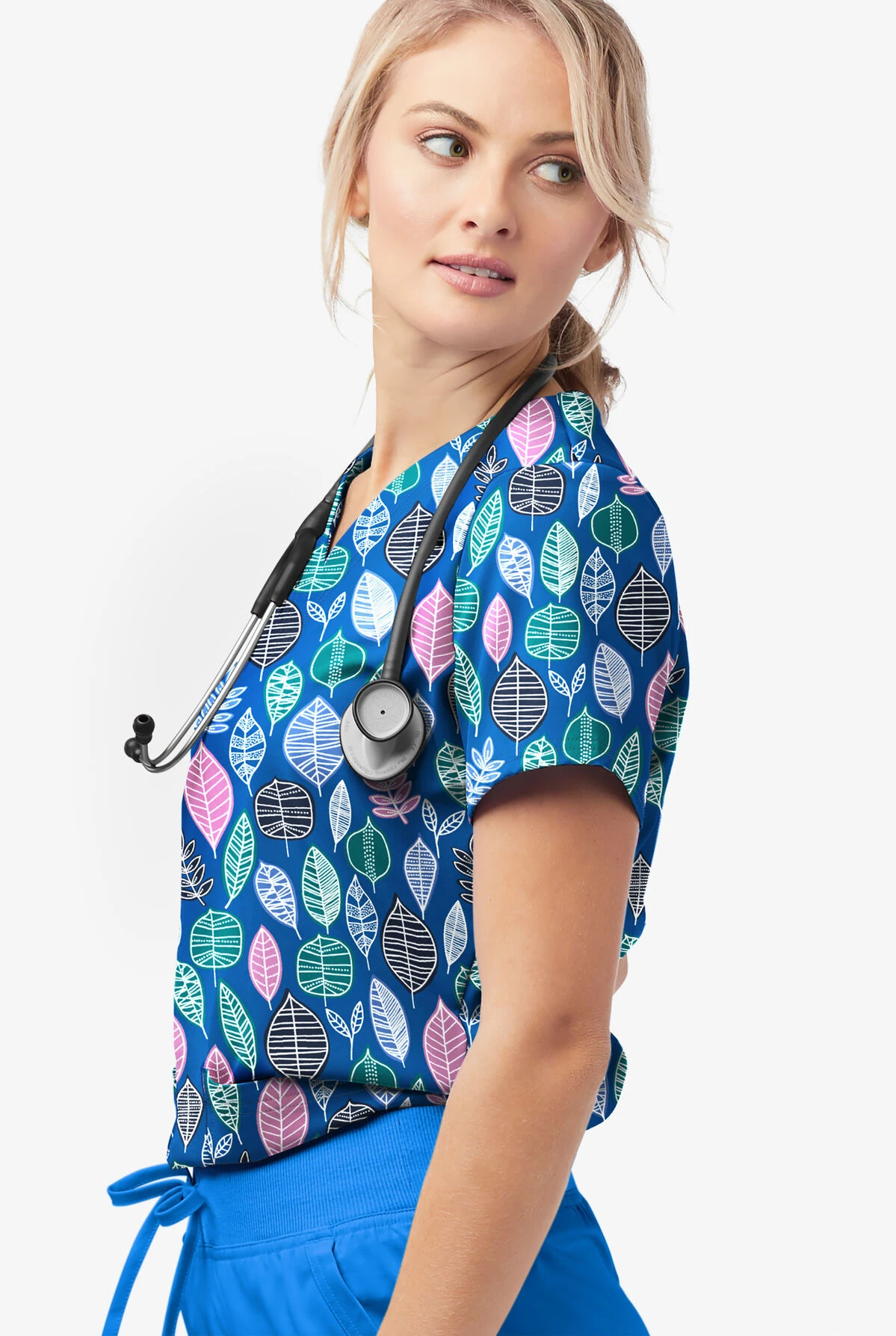 UA Butter-Soft STRETCH Swedish Leaves Royal Women's 2-Pocket V-Neck Print Scrub Top 3 UA Butter-Soft STRETCH Swedish Leaves Royal Women's 2-Pocket V-Neck Print Scrub Top - Image 3