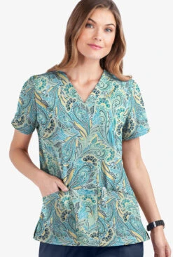 UA Butter-Soft STRETCH Vienna Paisley White Printed Women's 2-Pocket V-Neck Scrub Top