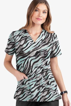 UA Butter-Soft STRETCH Wild Stripes Aqua Moon Women's 2-Pocket V-Neck Print Scrub Top