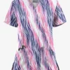 UA Butter-Soft STRETCH Water Waves Fuchsia Women's 2-Pocket V-Neck Print Scrub Top
