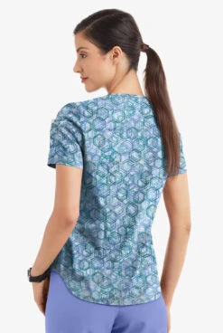 Easy STRETCH By Butter-Soft™ Dotted Geo Caribbean Blue Women's 1-Pocket Tuck-In Print Scrub Top -Clinic Love Style TS543DGCB 3