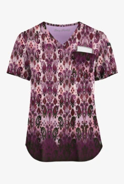 Easy STRETCH By Butter-Soft™ Gradient Ikat Eggplant Women's 1-Pocket Tuck-In Print Scrub Top