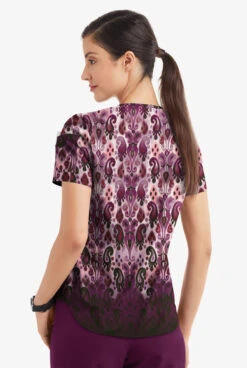 Easy STRETCH By Butter-Soft™ Gradient Ikat Eggplant Women's 1-Pocket Tuck-In Print Scrub Top -Clinic Love Style TS543GIEP 3