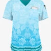 Easy STRETCH By Butter-Soft™ Tinted Blossoms Turquoise Women's 1-Pocket Tuck-In Print Scrub Top