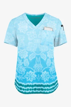 Easy STRETCH By Butter-Soft™ Tinted Blossoms Turquoise Women's 1-Pocket Tuck-In Print Scrub Top