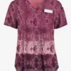 Easy STRETCH By Butter-Soft™ Wild Border Wine Women's 2-Pocket V-Neck Tuck-In Print Scrub Top