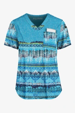 Easy STRETCH By Butter-Soft™ Woodblock Paisley Turquoise Womens 2-Pocket V-Neck Print Scrub Top