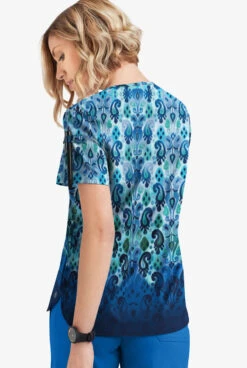 Easy STRETCH By Butter-Soft Gradient Ikat Navy Women's 1-Pocket Scallop Neck Printed Scrub Top -Clinic Love Style TS546GINV 3