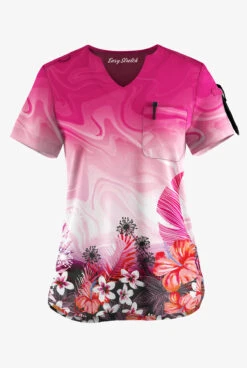 Easy Stretch By Butter-Soft Honolulu Garden Women's 1-Pocket Scallop Neck Tuck-In Printed Scrub Top