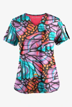Easy Stretch By Butter-Soft Onyx Butterflies Women's 1-Pocket Scallop Neck Tuck-In Print Scrub Top