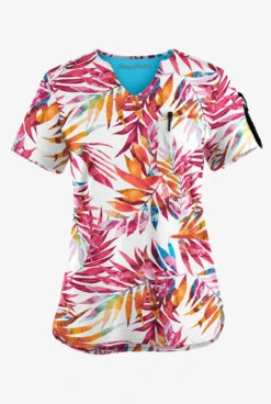 Easy Stretch By Butter-Soft White Watercolor Women's 1-Pocket Scallop Neck Tuck-In Print Scrub Top