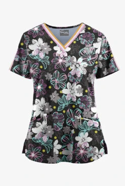 UA Butter-Soft STRETCH Jacobean Spring Eucalyptus Leaf Women's 3-Pocket V-Neck With Trim Scrub Top
