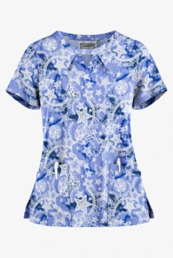 Butter-Soft Cosmic Stars Ceil Women's 2-Pocket Key-Hole Neck Detailed Print Scrub Top