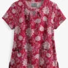 Butter-Soft Winter Breeze Red Women's 2-Pocket Key-Hole Neck Detailed Print Scrub Top