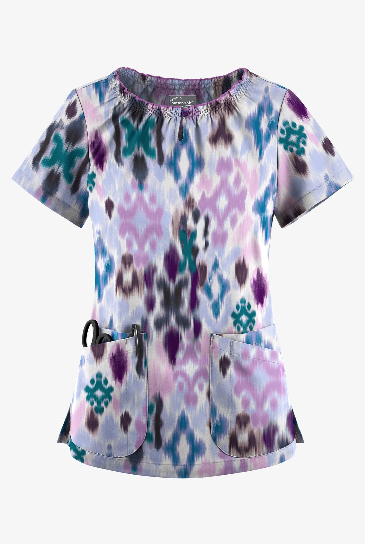 UA Butter-Soft STRETCH Varna Ikat Orchid Women's 6-Pocket Peasant Style Printed Scrub Top 1 UA Butter-Soft STRETCH Varna Ikat Orchid Women's 6-Pocket Peasant Style Printed Scrub Top