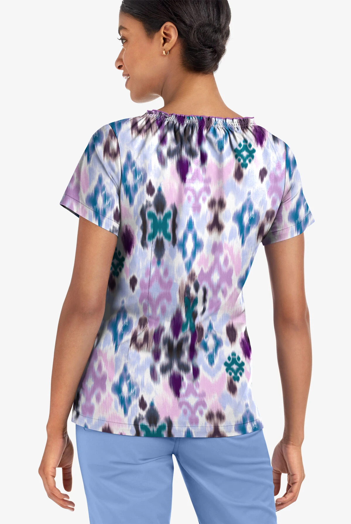 UA Butter-Soft STRETCH Varna Ikat Orchid Women's 6-Pocket Peasant Style Printed Scrub Top 3 UA Butter-Soft STRETCH Varna Ikat Orchid Women's 6-Pocket Peasant Style Printed Scrub Top - Image 3