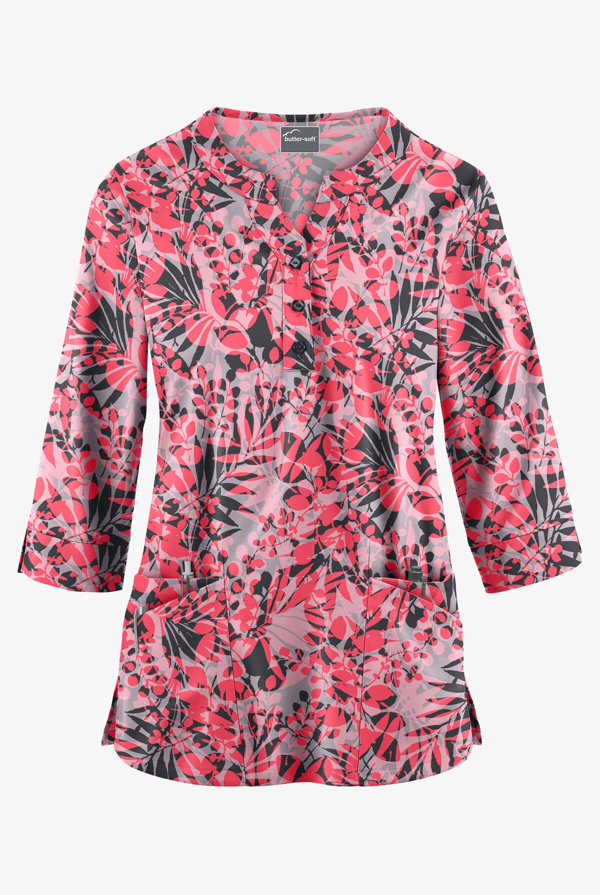 Butter-Soft Exotic Garden Silver Women's 2-Pocket Round Neckline Print Scrub Top 1 Butter-Soft Exotic Garden Silver Women's 2-Pocket Round Neckline Print Scrub Top