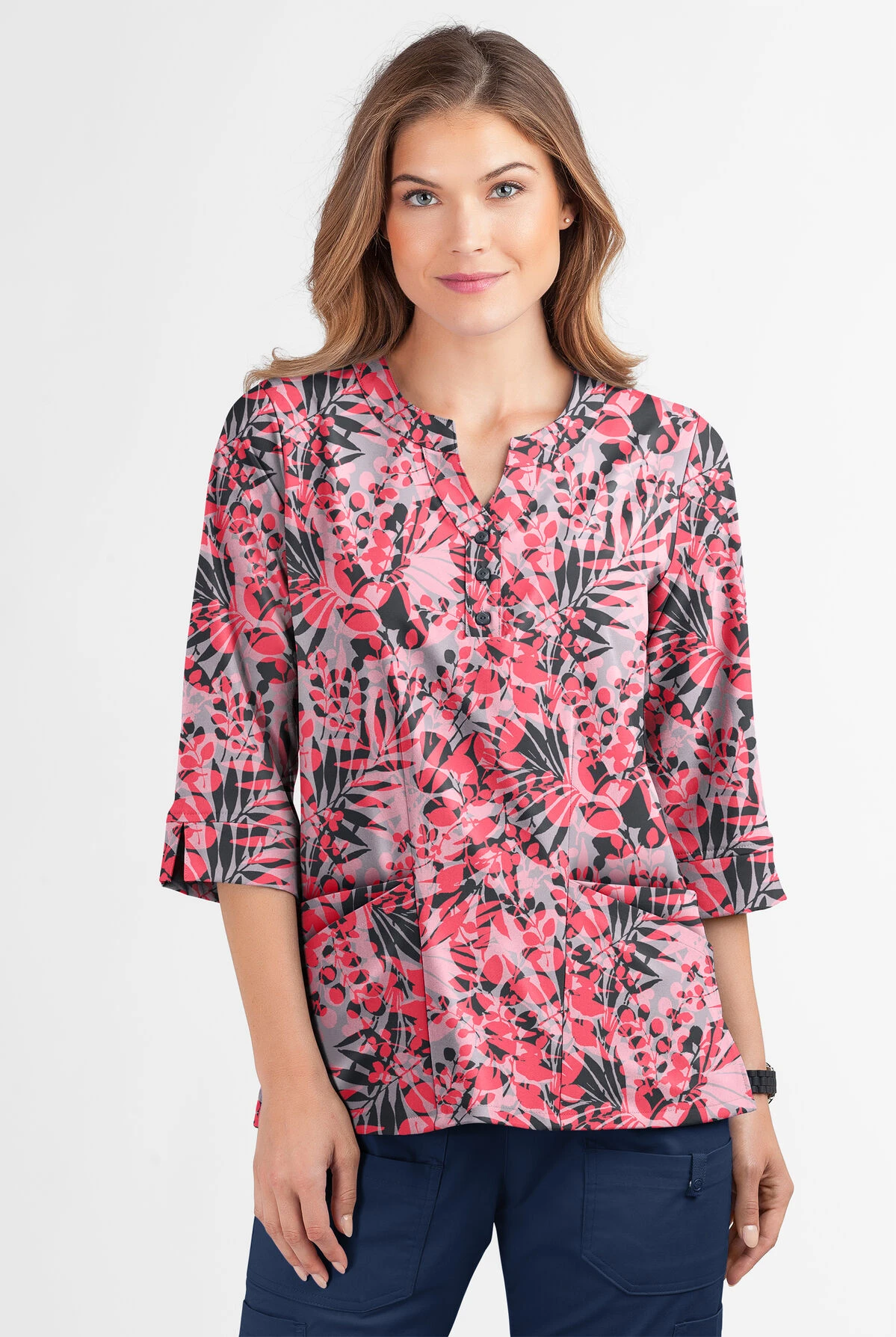 Butter-Soft Exotic Garden Silver Women's 2-Pocket Round Neckline Print Scrub Top 2 Butter-Soft Exotic Garden Silver Women's 2-Pocket Round Neckline Print Scrub Top - Image 2