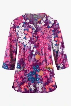 Butter-Soft Izmir Floral Berry Burst Women's 2-Pocket Round Neckline Print Scrub Top