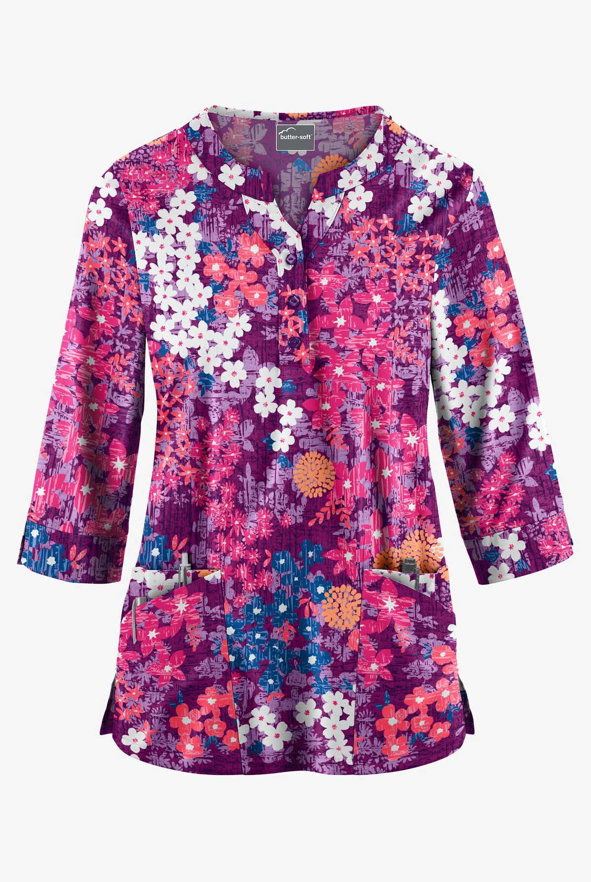 Butter-Soft Izmir Floral Berry Burst Women's 2-Pocket Round Neckline Print Scrub Top 1 Butter-Soft Izmir Floral Berry Burst Women's 2-Pocket Round Neckline Print Scrub Top