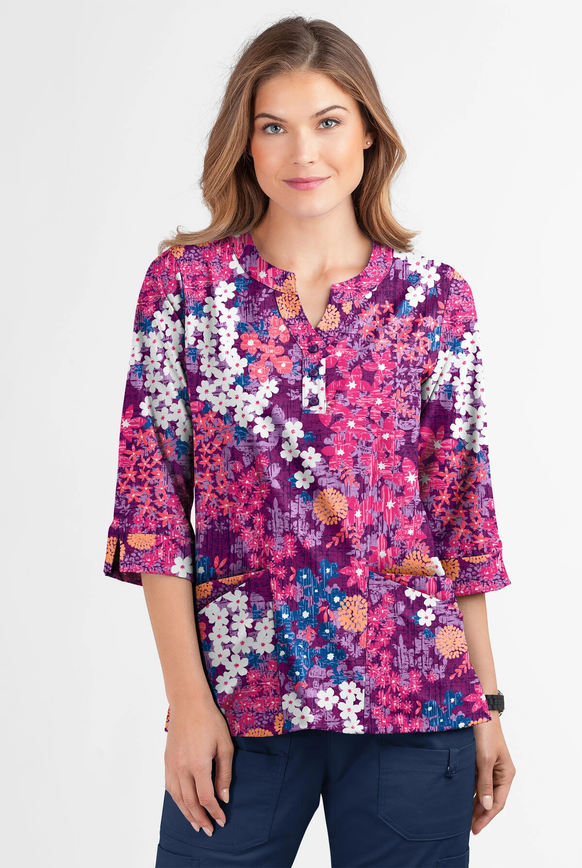 Butter-Soft Izmir Floral Berry Burst Women's 2-Pocket Round Neckline Print Scrub Top 2 Butter-Soft Izmir Floral Berry Burst Women's 2-Pocket Round Neckline Print Scrub Top - Image 2