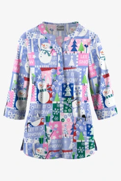 Butter-Soft Joyful Snowman Women's 2-Pocket Round Neckline Print Scrub Top