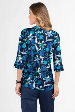Butter-Soft Matisse Floral Navy Women's 2-Pocket Round Neckline Print Scrub Top -Clinic Love Style TS584MFNY 3