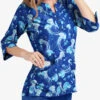 Butter-Soft Serene Waters Galaxy Blue Women's 4-Pocket 3/4th Sleeve Print Scrub Top