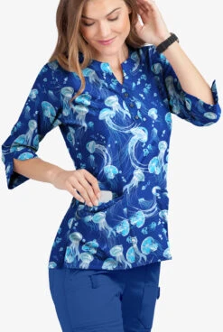 Butter-Soft Serene Waters Galaxy Blue Women's 4-Pocket 3/4th Sleeve Print Scrub Top