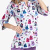 Butter-Soft Yard Friends White Printed  Women's 4-Pocket 3/4th Sleeve Scrub Top
