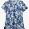 Easy STRETCH By Butter-Soft™ Falling Fronds Navy Women's 4-Pocket Zipper Neck Print Scrub Top
