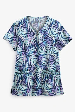 Easy STRETCH By Butter-Soft™ Falling Fronds Navy Women's 4-Pocket Zipper Neck Print Scrub Top