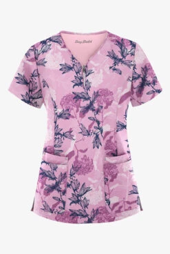 Easy STRETCH By Butter-Soft™ Spring Flora Pink Peony Women's 4-Pocket Zipper Neck Print Scrub Top