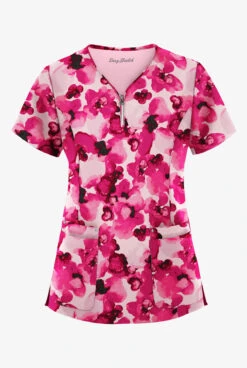 Easy STRETCH By Butter-Soft™ Watercolor Poppy Flirt Women's 4-Pocket Zipper Neck Print Scrub Top