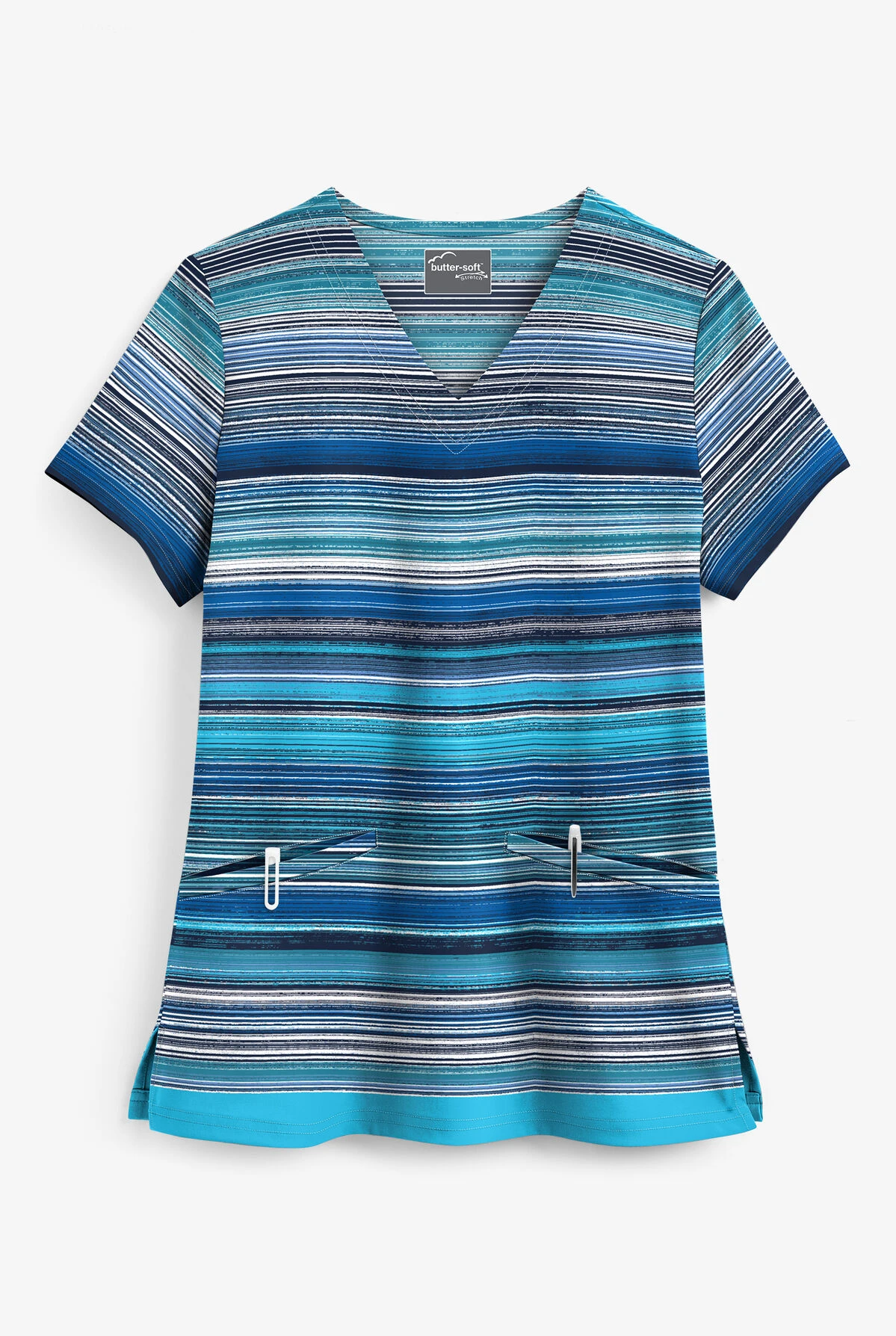 UA Butter-Soft STRETCH Artistic Stripes Navy Women's 2-Pocket V-Neck Print Scrub Top 1 UA Butter-Soft STRETCH Artistic Stripes Navy Women's 2-Pocket V-Neck Print Scrub Top