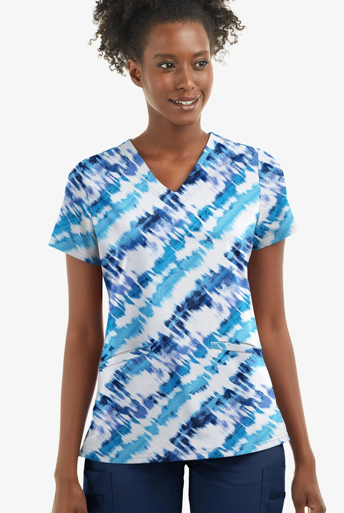 UA Butter-Soft STRETCH Belize Ikat Turquoise Women's 2-Angled Welt Pocket V-Neck Printed Scrub Top 1 UA Butter-Soft STRETCH Belize Ikat Turquoise Women's 2-Angled Welt Pocket V-Neck Printed Scrub Top